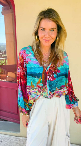 Villa In Bloom Colors Italian Blouse- Turquoise