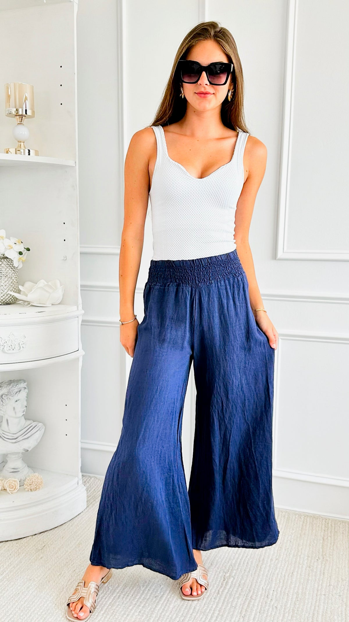 Born Free Linen Italian Palazzo - Navy-170 Bottoms-Germany-Coastal Bloom Boutique, find the trendiest versions of the popular styles and looks Located in Indialantic, FL