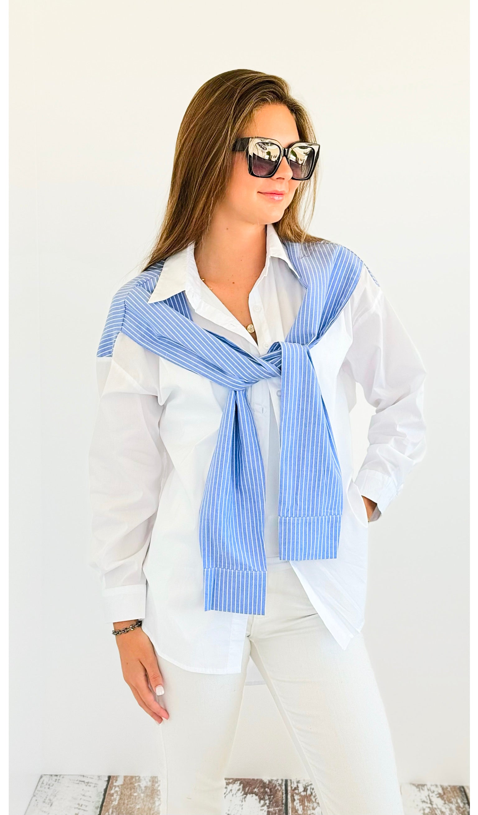 Contrasting Striped Detail Blouse-130 Long Sleeve Tops-Hot & Delicious-Coastal Bloom Boutique, find the trendiest versions of the popular styles and looks Located in Indialantic, FL