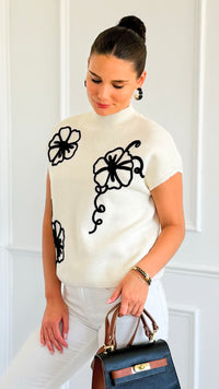 Floral Trim Knit Sleeveless Sweater- Cream-140 Sweaters-Blu Pepper-Coastal Bloom Boutique, find the trendiest versions of the popular styles and looks Located in Indialantic, FL