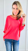 Metallic Foil Detailed Comfort Italian Pullover- Coral/Gold-140 Sweaters-Italianissimo-Coastal Bloom Boutique, find the trendiest versions of the popular styles and looks Located in Indialantic, FL