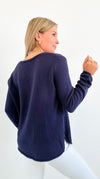 "Beach" Lightweight Knit V Neck - Navy/White-140 Sweaters-Miracle-Coastal Bloom Boutique, find the trendiest versions of the popular styles and looks Located in Indialantic, FL