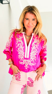 Embroidered Escape V-Neck Top - Hot Pink