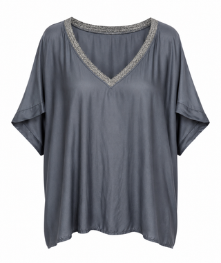 Sea Glass Shimmer V- Neck Italian Top- Dark Gray