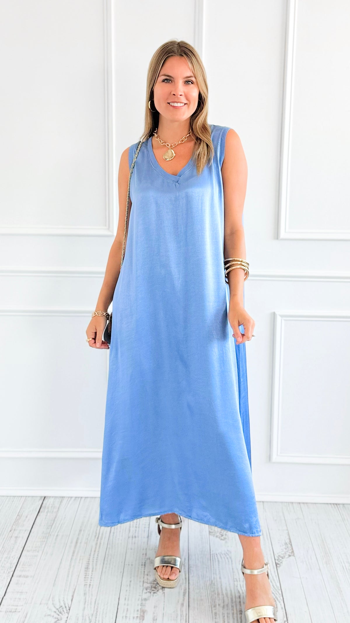 Satin V-Neck Italian Sleeveless Dress-200 Dresses/Jumpsuits/Rompers-SEPTIMO-Coastal Bloom Boutique, find the trendiest versions of the popular styles and looks Located in Indialantic, FL