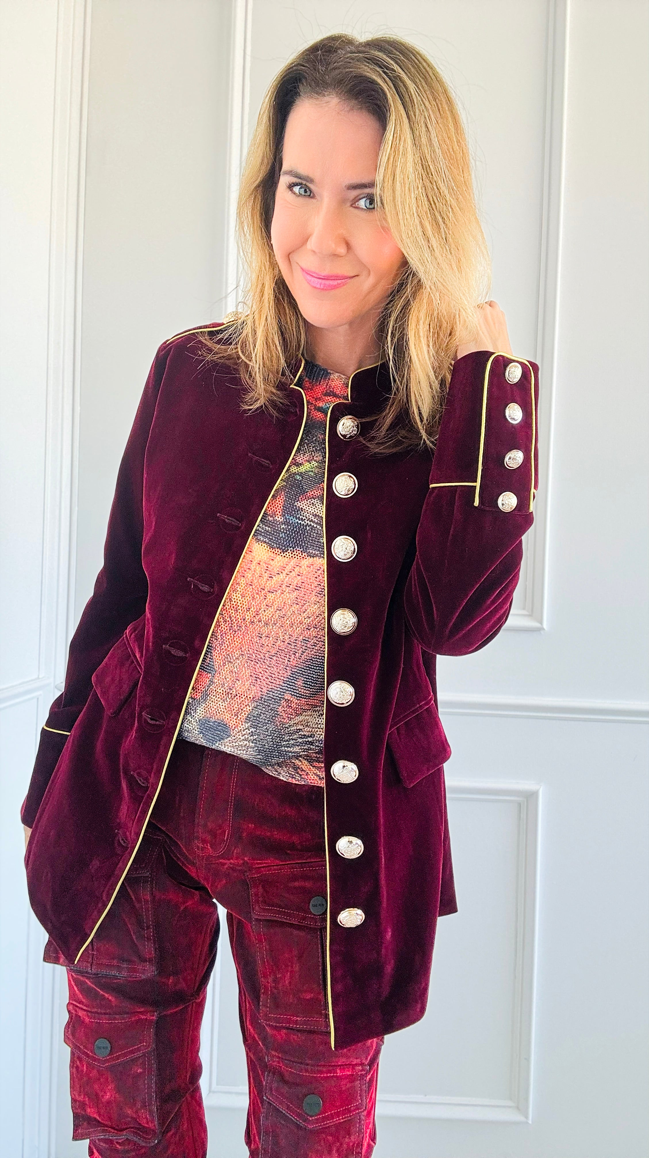 Majestic Velvet Military Blazer - Claret-160 Jackets-Cezele-Coastal Bloom Boutique, find the trendiest versions of the popular styles and looks Located in Indialantic, FL