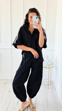 Sporty Chic Side Stripe Italian Jogger- Black