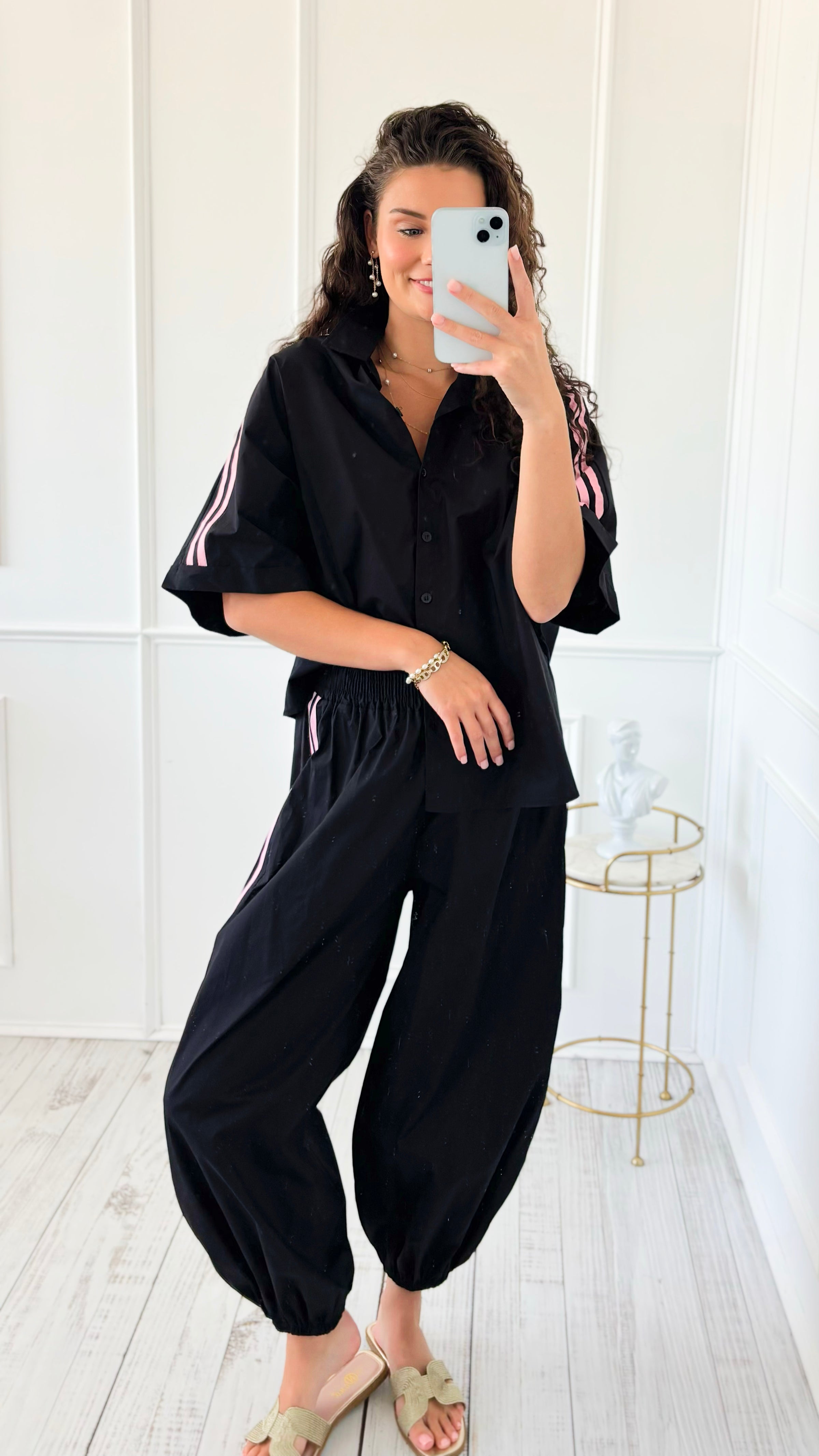 Sporty Chic Side Stripe Italian Jogger- Black