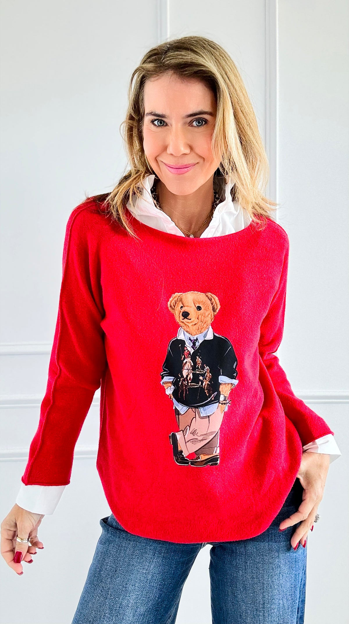 Jerry The Bear Italian Pullover- Red-140 Sweaters-Italianissimo-Coastal Bloom Boutique, find the trendiest versions of the popular styles and looks Located in Indialantic, FL