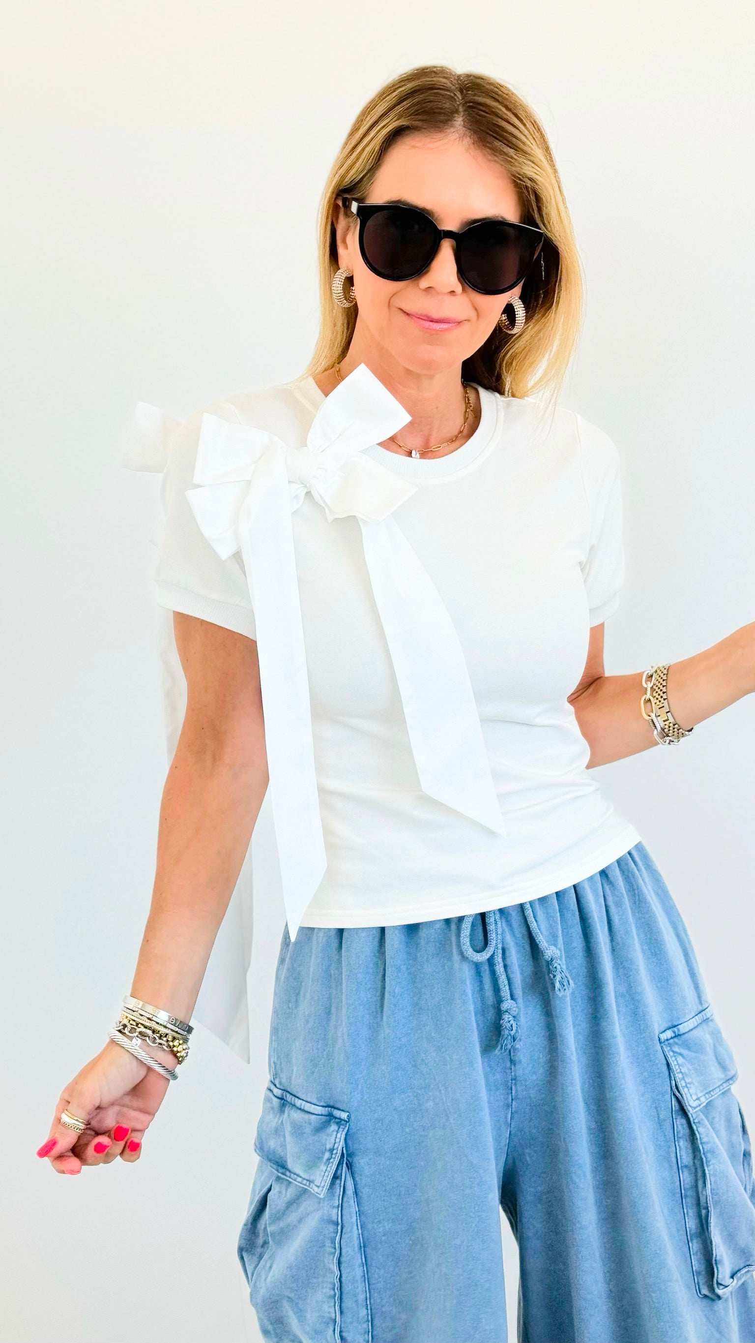 Chic Bow T-Shirt- White-110 Short Sleeve Tops-JJ'S FAIRYLAND-Coastal Bloom Boutique, find the trendiest versions of the popular styles and looks Located in Indialantic, FL