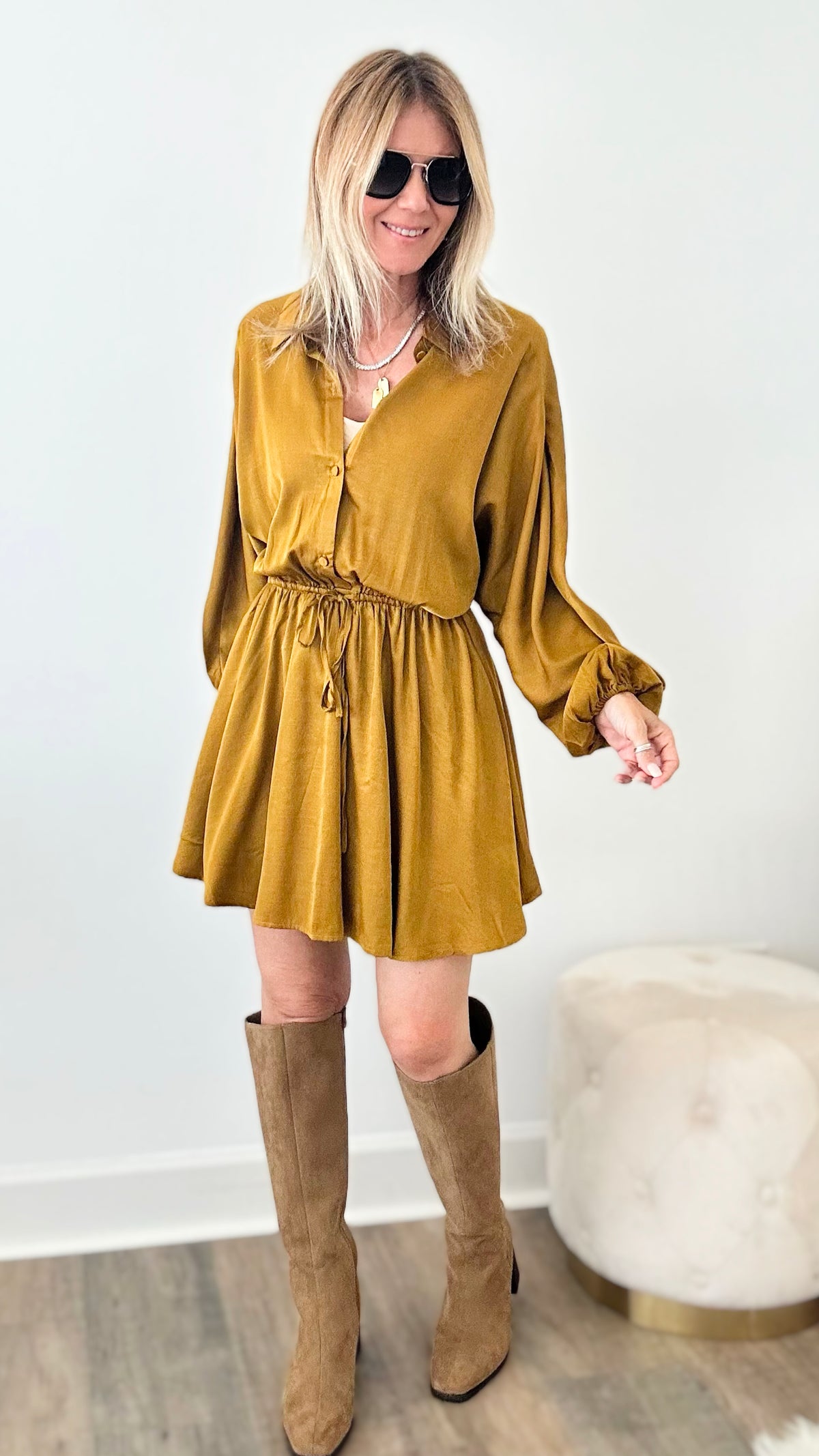 City Sweetheart Drawstring Waist Shirt Dress - Mustard-200 dresses/jumpsuits/rompers-HYFVE-Coastal Bloom Boutique, find the trendiest versions of the popular styles and looks Located in Indialantic, FL