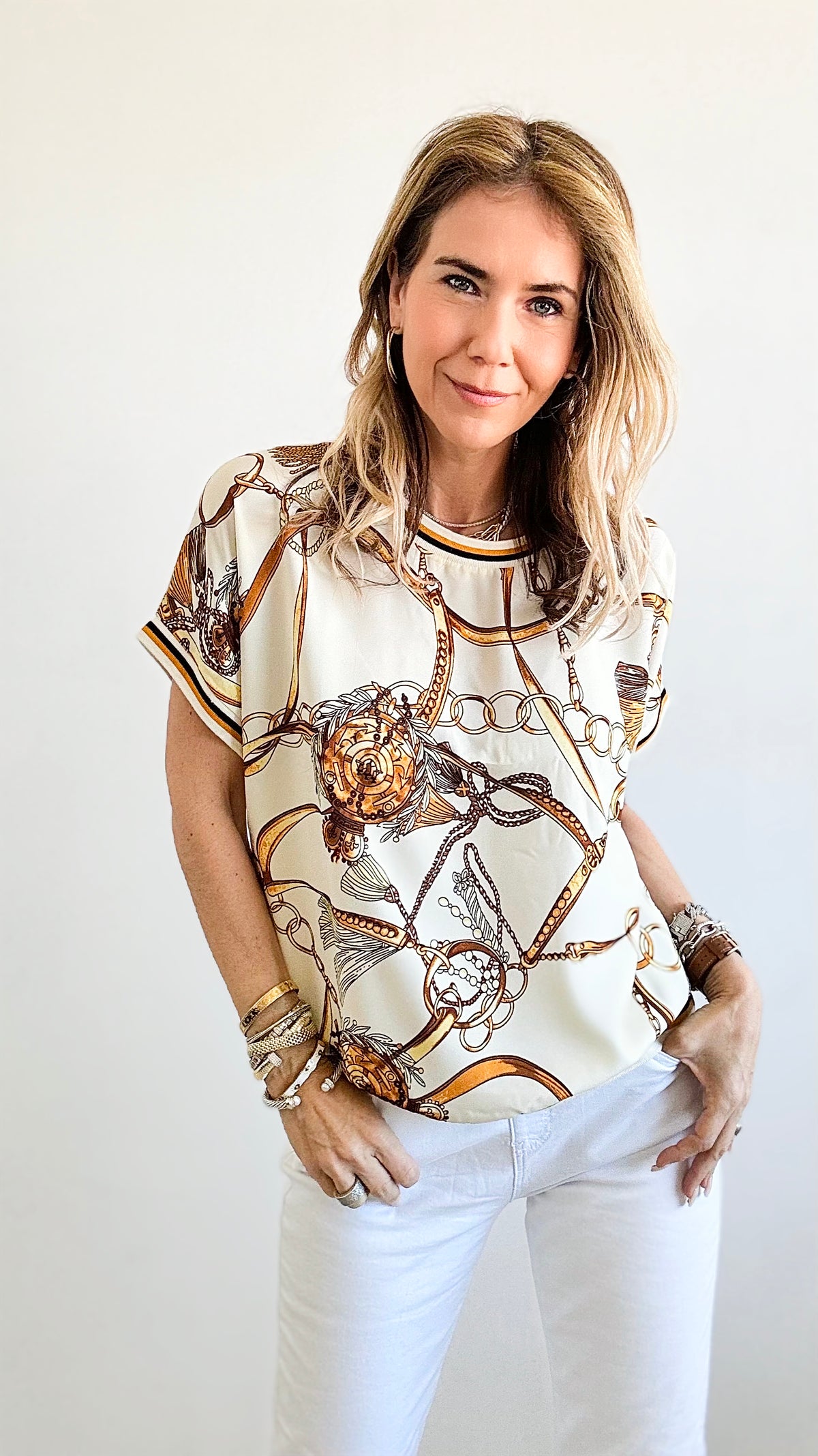 Chain Link Printed Short Sleeve Shirt-Cream-110 Short Sleeve Tops-CBALY-Coastal Bloom Boutique, find the trendiest versions of the popular styles and looks Located in Indialantic, FL