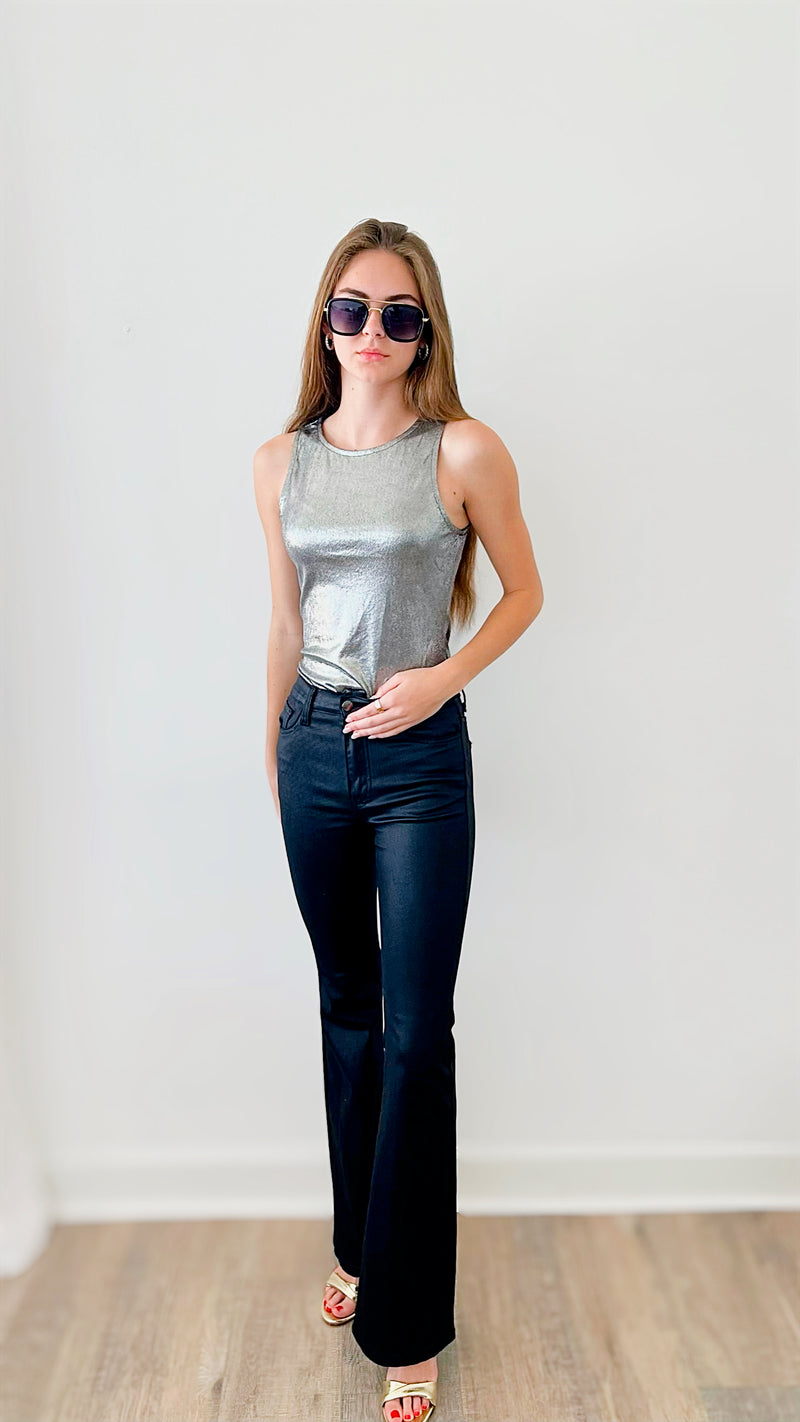 Metallic Crew Neck Bodysuit - Silver-100 Sleeveless Tops-ShopIrisBasic-Coastal Bloom Boutique, find the trendiest versions of the popular styles and looks Located in Indialantic, FL
