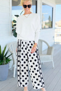 Playful Dot Lace Trim Wide Leg Pants -Off White