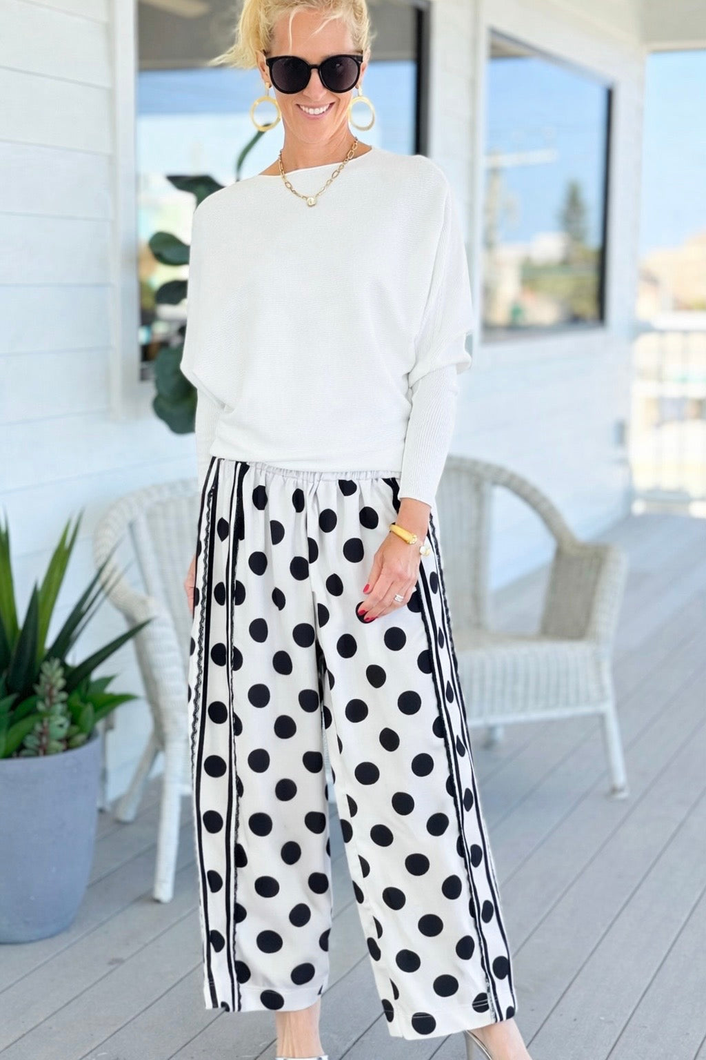 Playful Dot Lace Trim Wide Leg Pants -Off White
