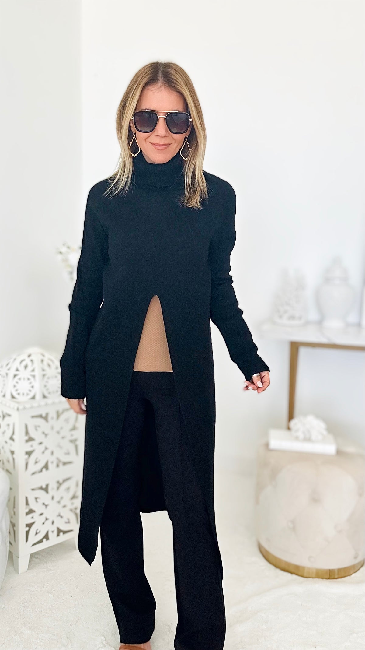 Chic Long Split Italian Sweater- Black-150 Cardigans/Layers-Yolly-Coastal Bloom Boutique, find the trendiest versions of the popular styles and looks Located in Indialantic, FL