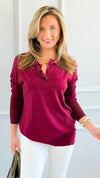 Polished Collar Knit Polo Top - Burgundy-130 Long Sleeve Tops-ROUSSEAU-Coastal Bloom Boutique, find the trendiest versions of the popular styles and looks Located in Indialantic, FL