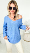 Soho Italian V-Neck Pullover - Blue-140 Sweaters-Italianissimo/ AUTE-Coastal Bloom Boutique, find the trendiest versions of the popular styles and looks Located in Indialantic, FL