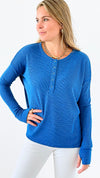 Button-Front Waffle Knit Top - Blue-110 Long Sleeve Tops-Zenana-Coastal Bloom Boutique, find the trendiest versions of the popular styles and looks Located in Indialantic, FL