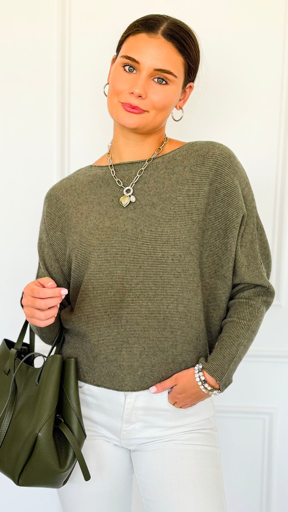Ribbed Italian Pullover- Olive-140 Sweaters-Italianissimo-Coastal Bloom Boutique, find the trendiest versions of the popular styles and looks Located in Indialantic, FL