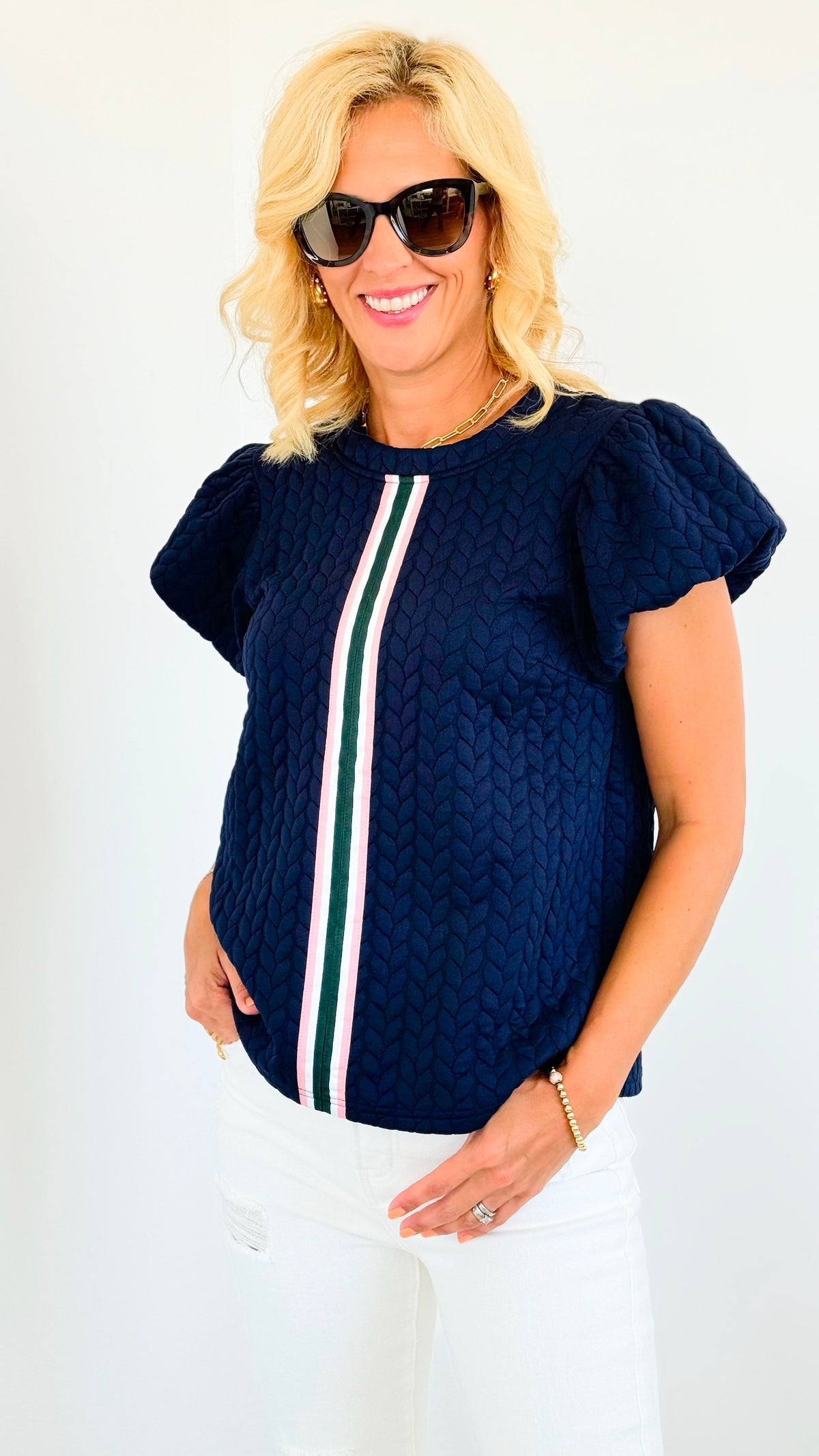 Textured Front Stripped Top - Navy-110 Short Sleeve Tops-VOY-Coastal Bloom Boutique, find the trendiest versions of the popular styles and looks Located in Indialantic, FL