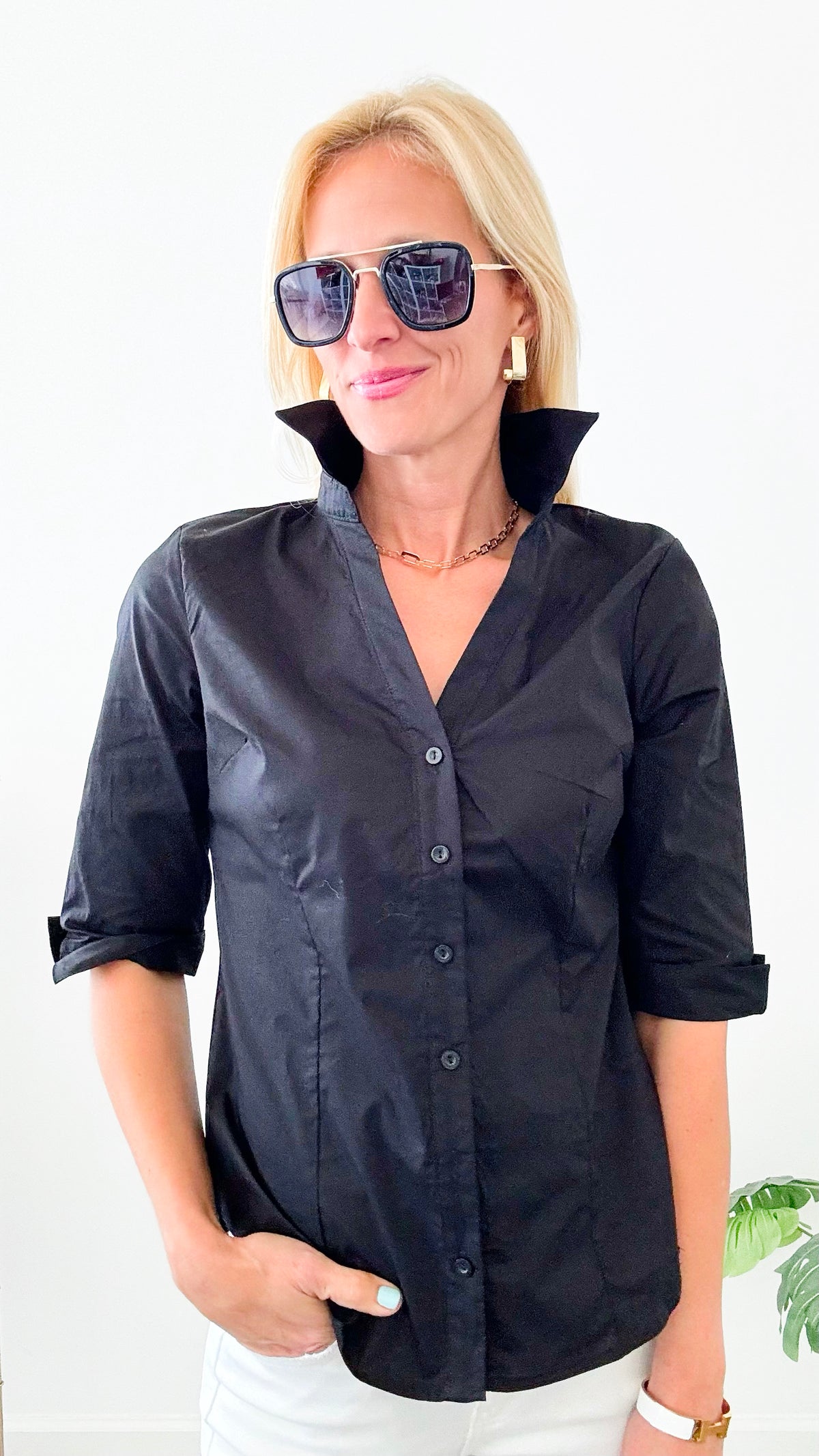 V-Neck Blouse - Black-110 Short Sleeve Tops-Michel-Coastal Bloom Boutique, find the trendiest versions of the popular styles and looks Located in Indialantic, FL