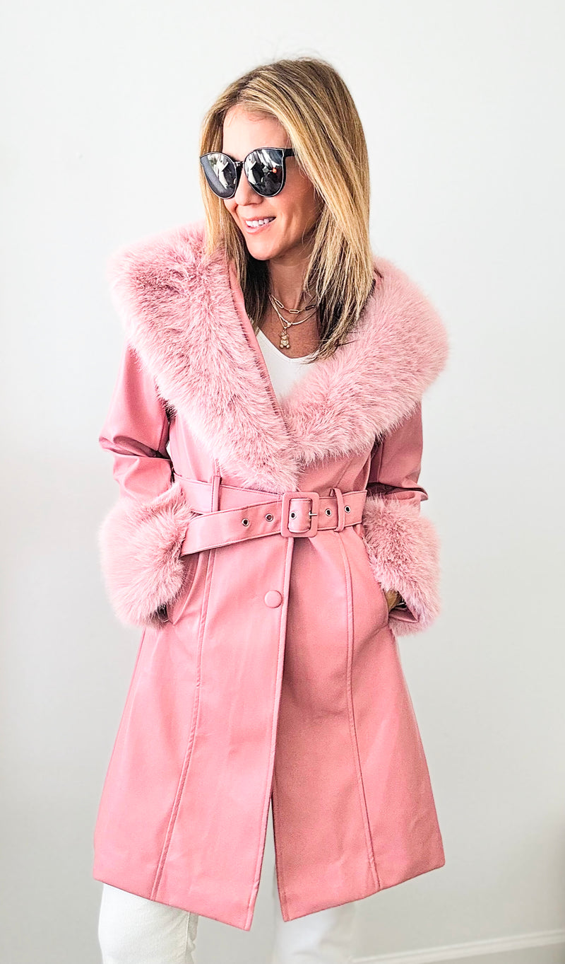 Elle Vegan Leather Belted Coat - Pink-160 Jackets-Rousseau-Coastal Bloom Boutique, find the trendiest versions of the popular styles and looks Located in Indialantic, FL