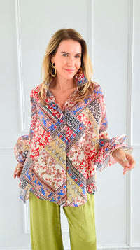 Garden Mosaic Ruffle Bell Sleeve Italian Blouse-130 Long sleeve top-SEÑORITA C-Coastal Bloom Boutique, find the trendiest versions of the popular styles and looks Located in Indialantic, FL
