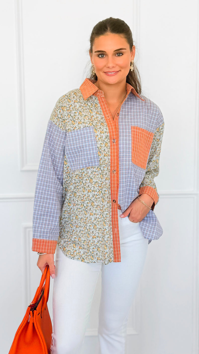 Sunset Picnic Button-Down Top-130 Long Sleeve Tops-ROUSSEAU-Coastal Bloom Boutique, find the trendiest versions of the popular styles and looks Located in Indialantic, FL