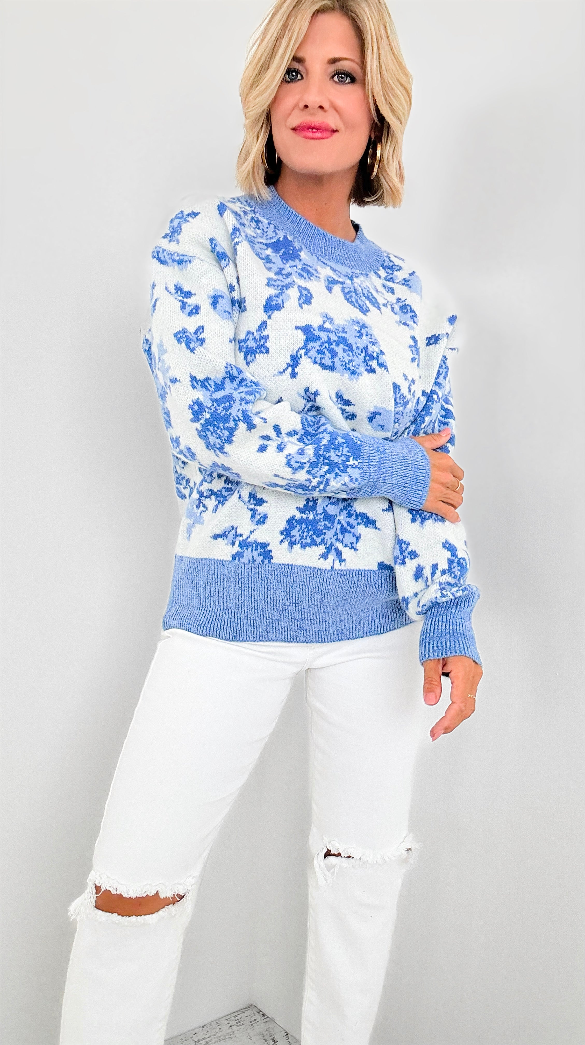 Floral Ribbed Knit Sweater-140 Sweaters-listicle-Coastal Bloom Boutique, find the trendiest versions of the popular styles and looks Located in Indialantic, FL