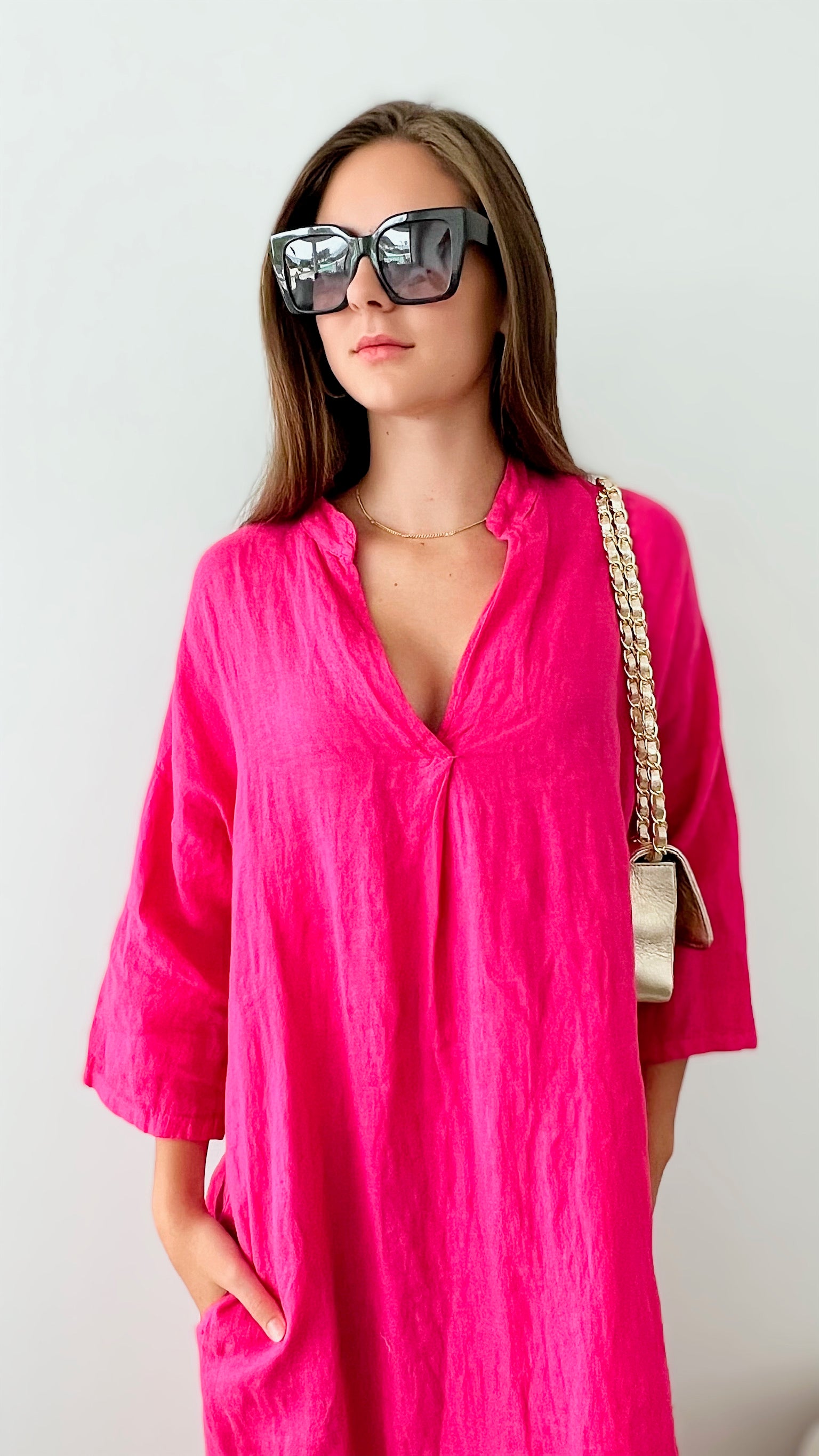 Pocketed Linen Tunic Italian Dress - Fuchsia-200 Dresses/Jumpsuits/Rompers-Yolly-Coastal Bloom Boutique, find the trendiest versions of the popular styles and looks Located in Indialantic, FL