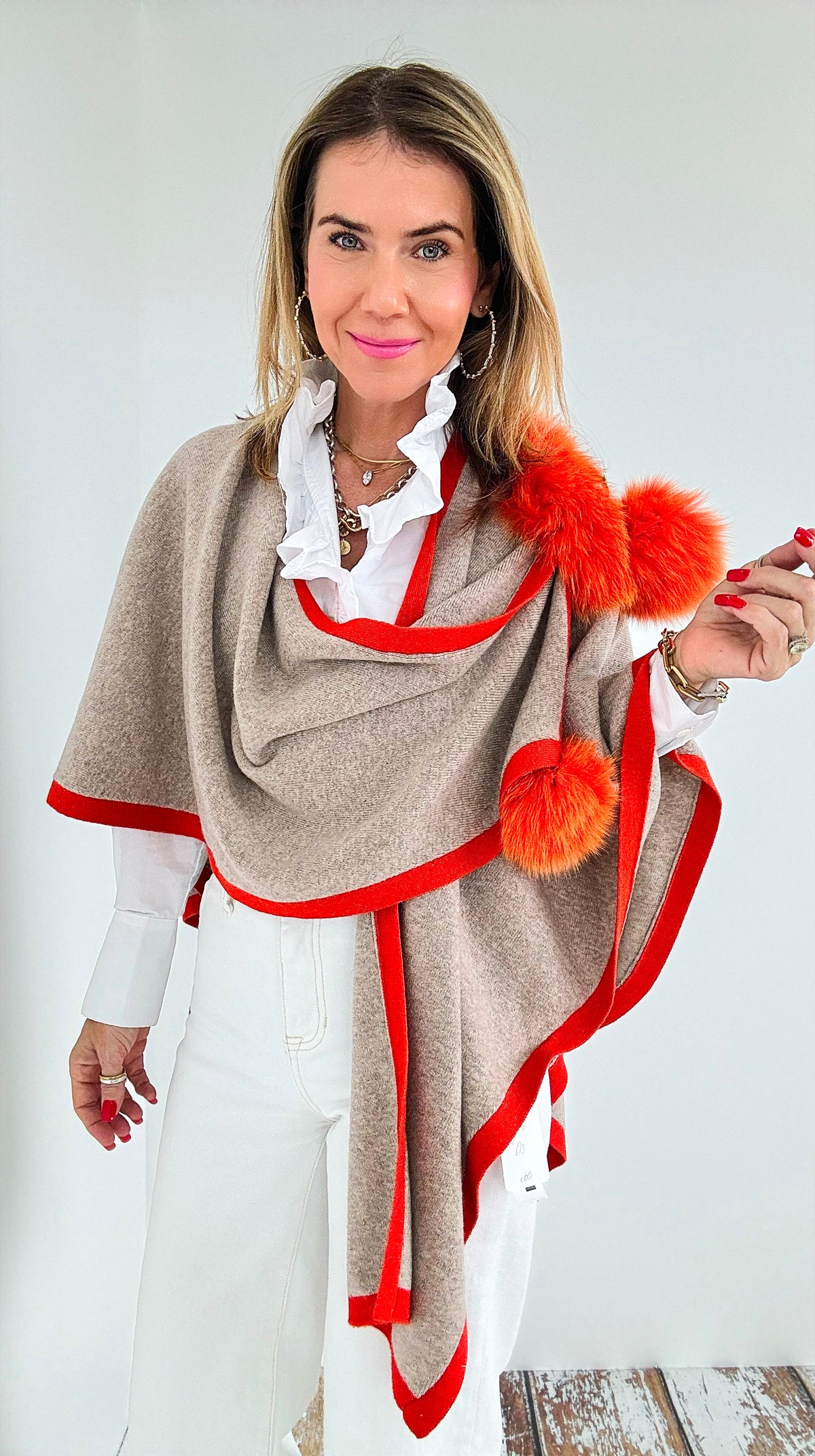 Wrapped Knit Poncho - Beige/Orange-150 Cardigans/Layers-Mitchie's-Coastal Bloom Boutique, find the trendiest versions of the popular styles and looks Located in Indialantic, FL