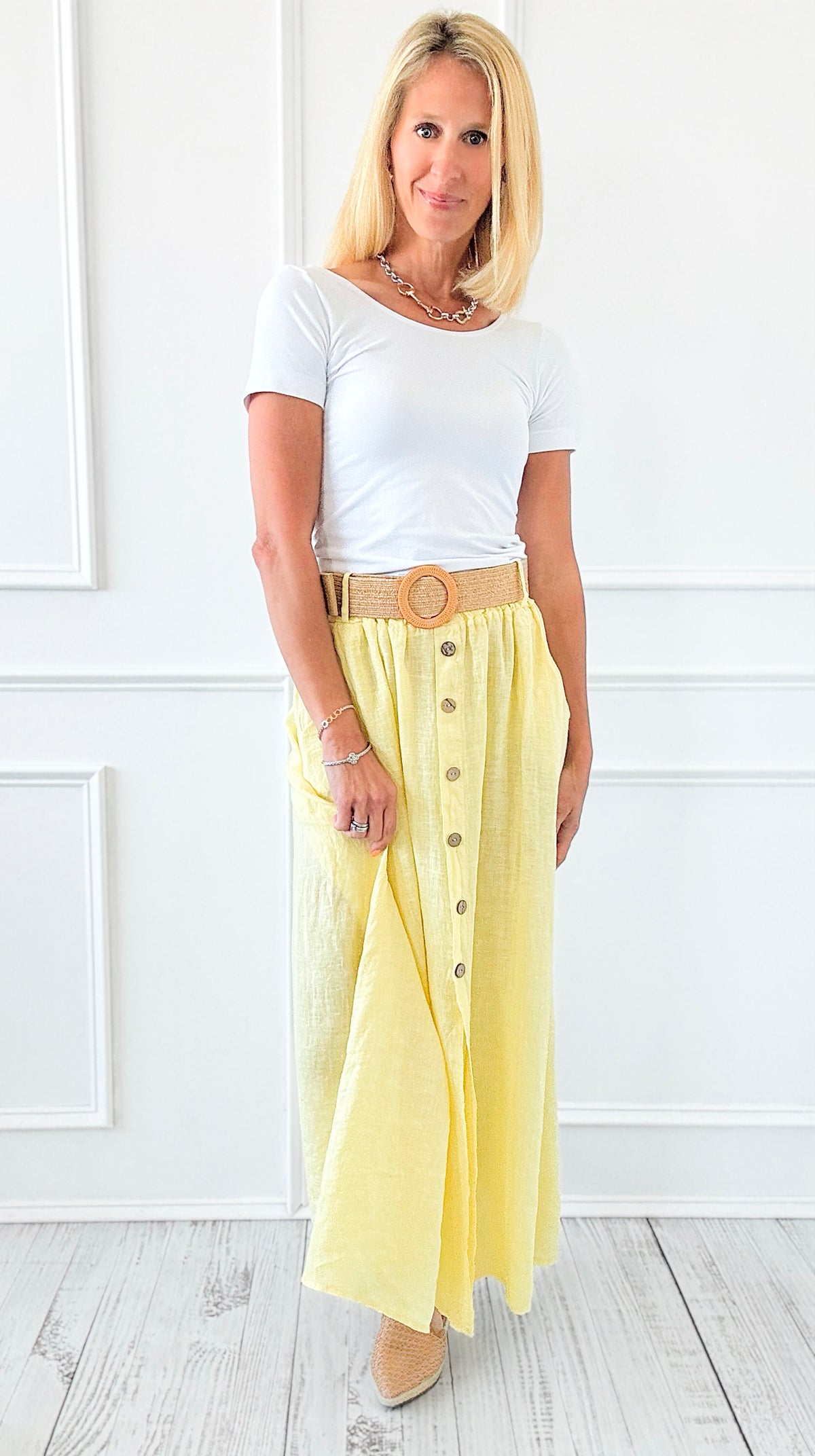 Belted Italian Linen Midi Button Skirt - Yellow-170 bottoms-Italianissimo-Coastal Bloom Boutique, find the trendiest versions of the popular styles and looks Located in Indialantic, FL