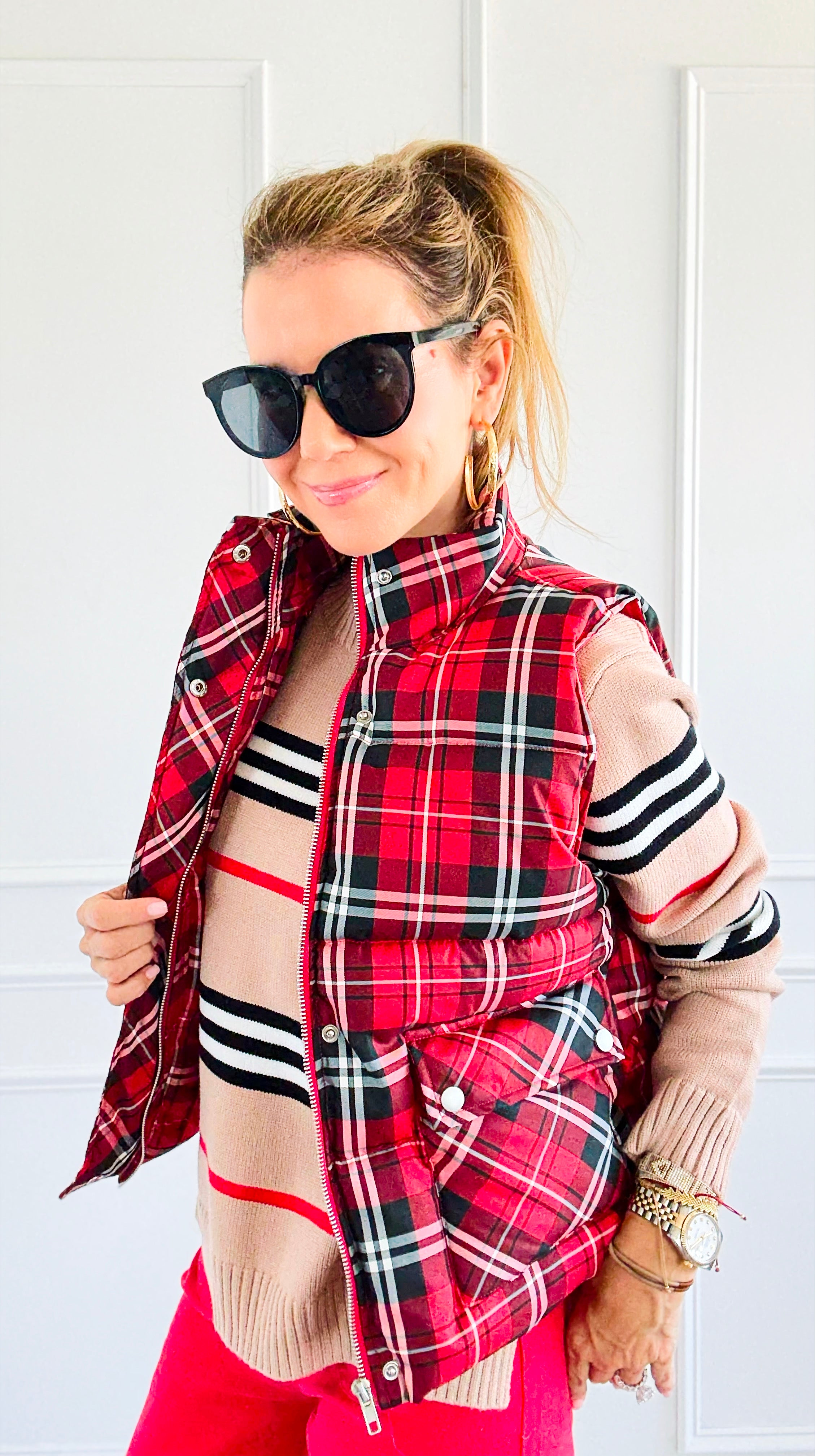 Plaid Printed Padded Vest - Red-150 Cardigans/Layers-Jodifl-Coastal Bloom Boutique, find the trendiest versions of the popular styles and looks Located in Indialantic, FL