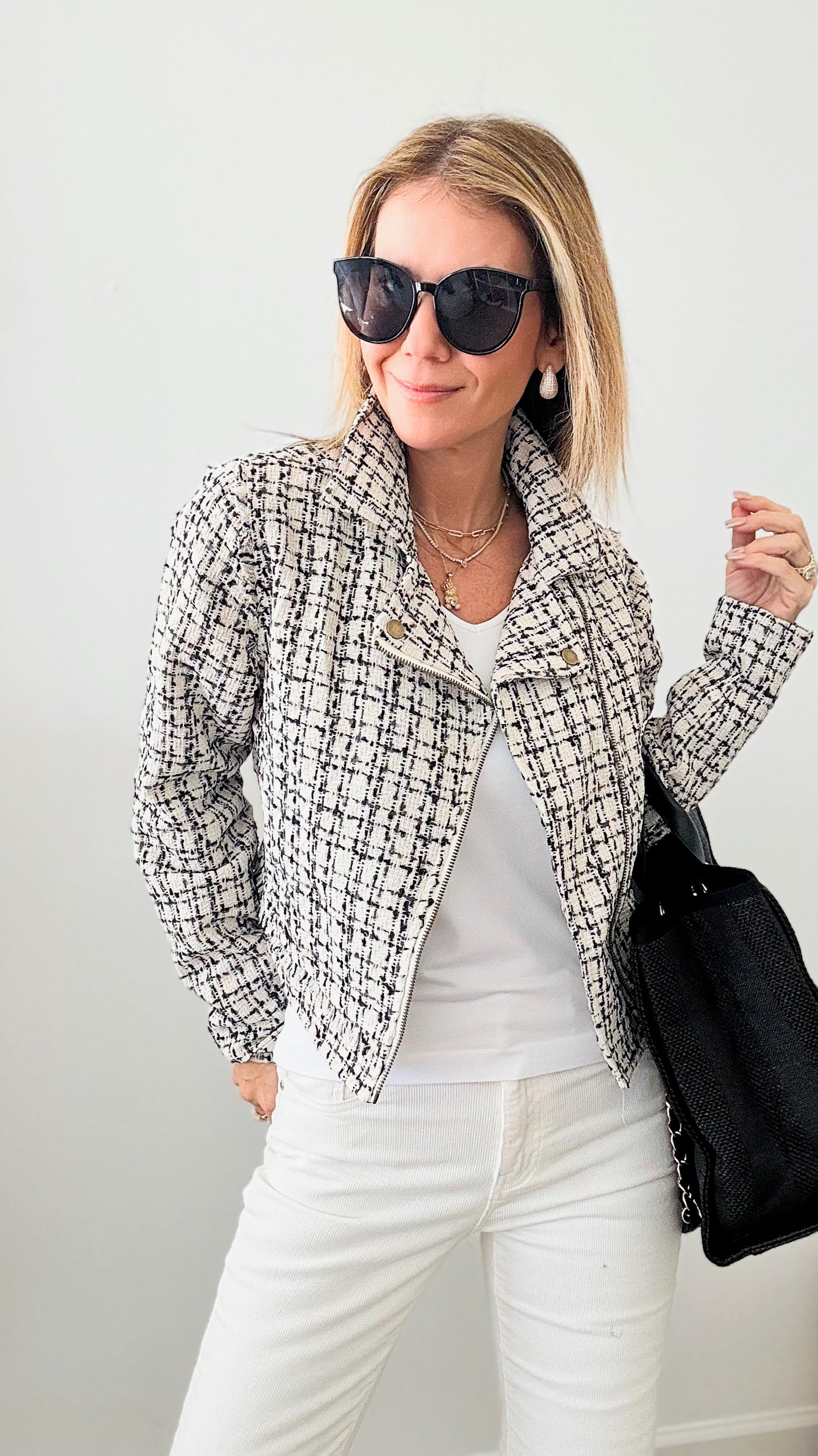 Chic Alert Tweed Zip Jacket - Cream Black-160 Jackets-Rousseau-Coastal Bloom Boutique, find the trendiest versions of the popular styles and looks Located in Indialantic, FL