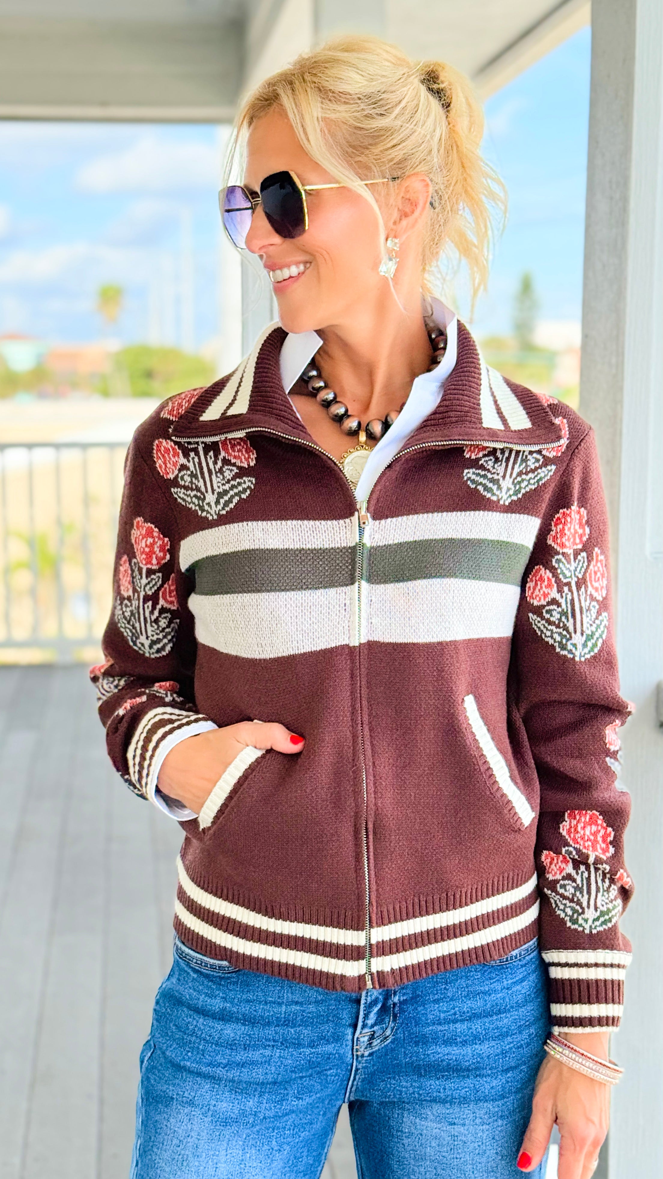 Botanical Zip-Front Knit Cardigan