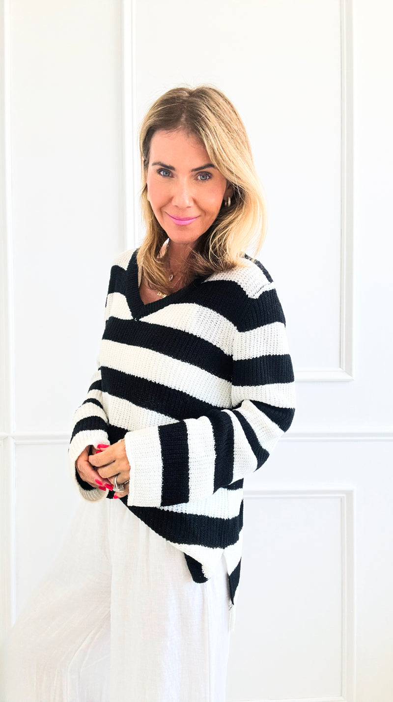 Striped V-Neck Sweater - Black/Ivory-140 Sweaters-Miracle-Coastal Bloom Boutique, find the trendiest versions of the popular styles and looks Located in Indialantic, FL