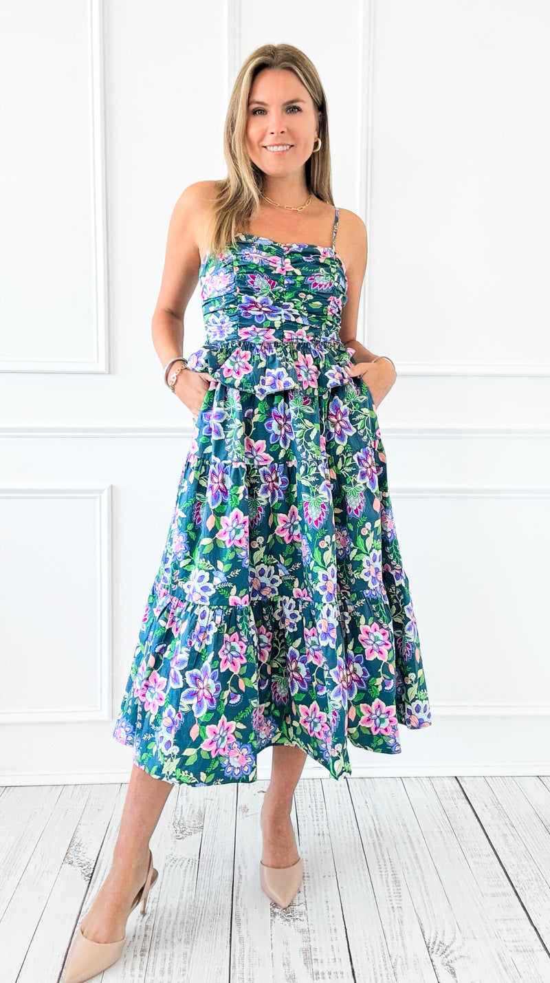 Garden Muse Smocked Floral Midi Dress-200 Dresses/Jumpsuits/Rompers-listicle-Coastal Bloom Boutique, find the trendiest versions of the popular styles and looks Located in Indialantic, FL