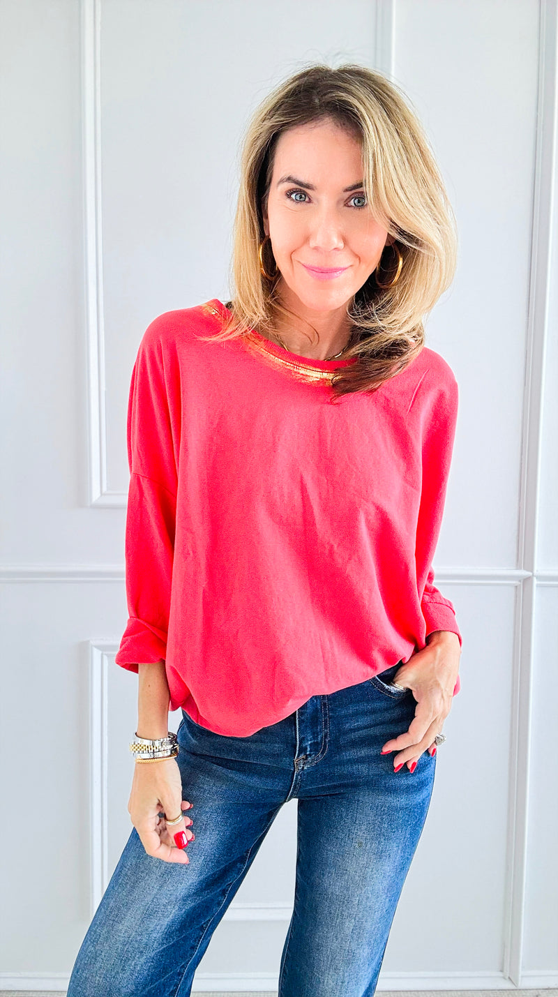 Metallic Foil Detailed Comfort Italian Pullover- Coral/Gold-140 Sweaters-Italianissimo-Coastal Bloom Boutique, find the trendiest versions of the popular styles and looks Located in Indialantic, FL