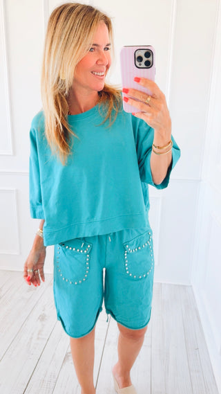 Studded Pocket Italian Jogger Shorts - Turquoise
