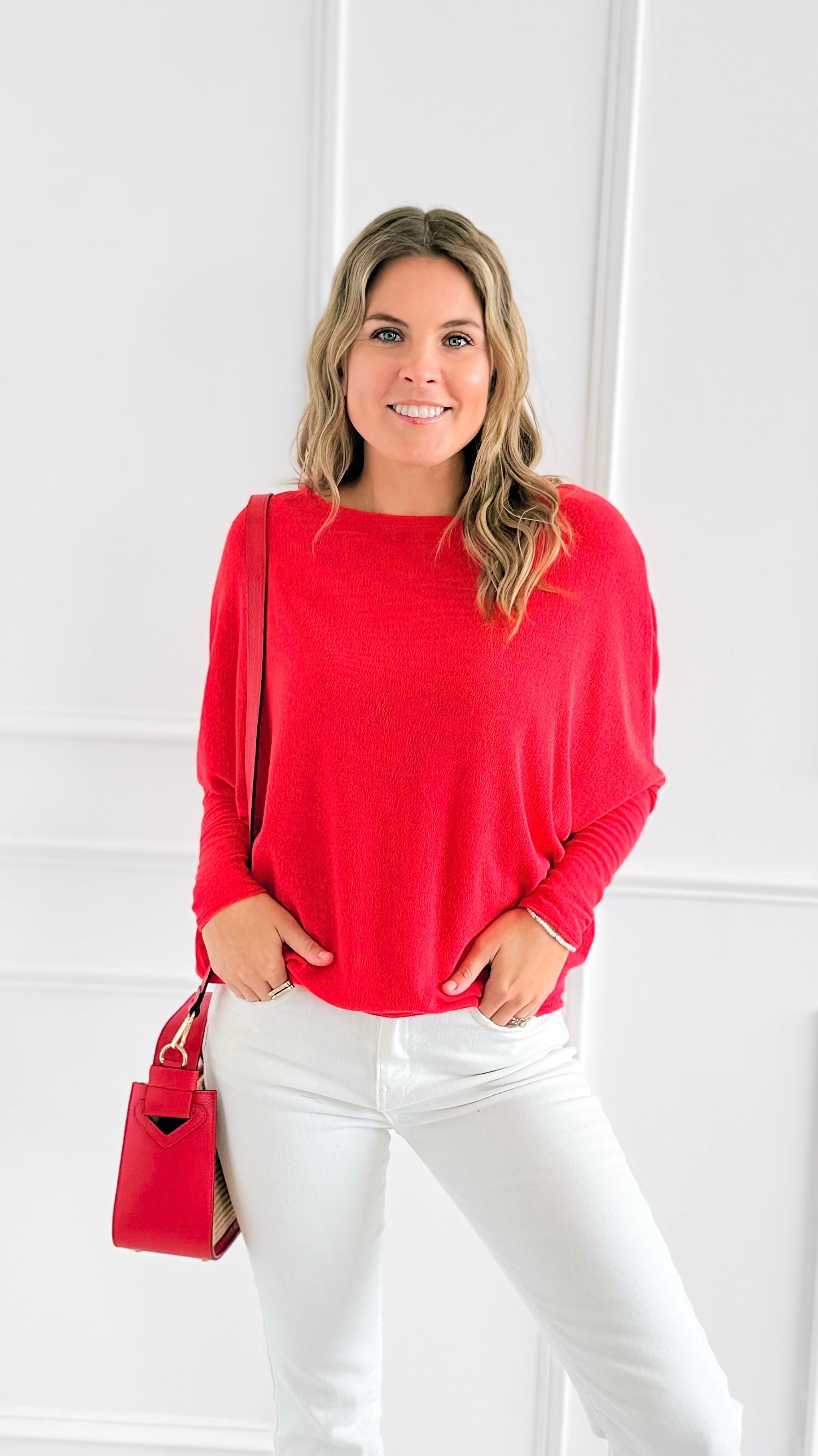 Cloud Comfort Everywhere Dolman Top - Tomato Red-110 Long Sleeve Tops-Charlotte Avery-Coastal Bloom Boutique, find the trendiest versions of the popular styles and looks Located in Indialantic, FL