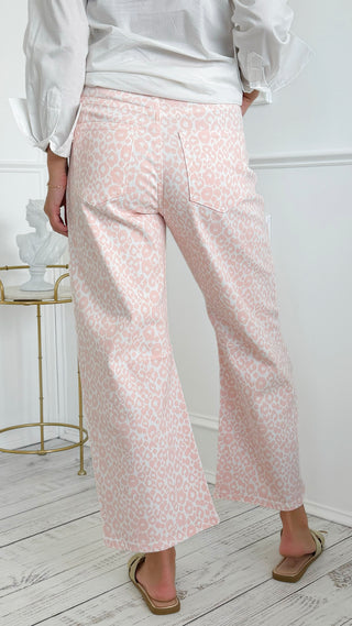 Wild Side Leopard Barrel Leg Crop Jean - PInk