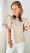 Glossy Floral Puff Sleeve Ribbed Blouse-130 Long Sleeve Tops-T H M L-Coastal Bloom Boutique, find the trendiest versions of the popular styles and looks Located in Indialantic, FL