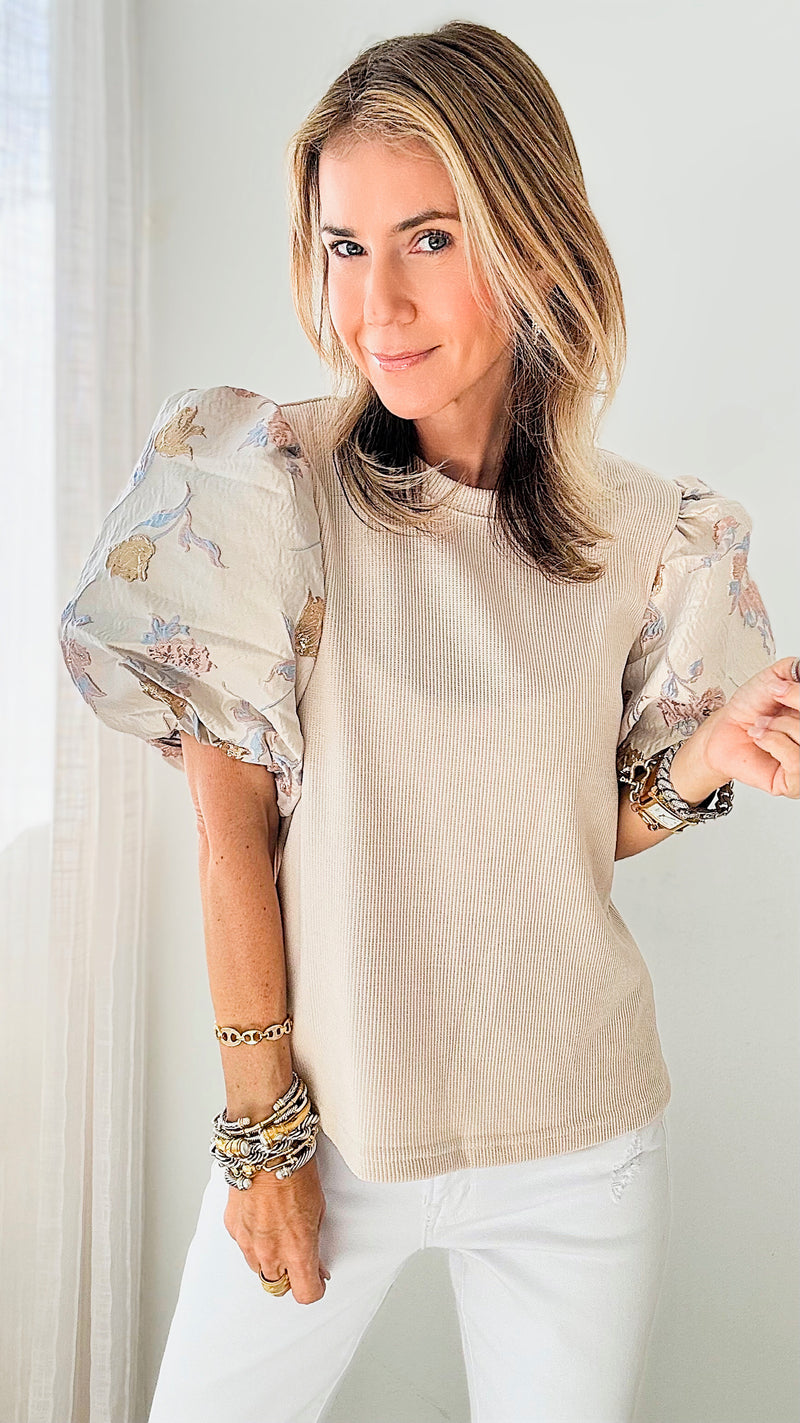 Glossy Floral Puff Sleeve Ribbed Blouse-130 Long Sleeve Tops-T H M L-Coastal Bloom Boutique, find the trendiest versions of the popular styles and looks Located in Indialantic, FL