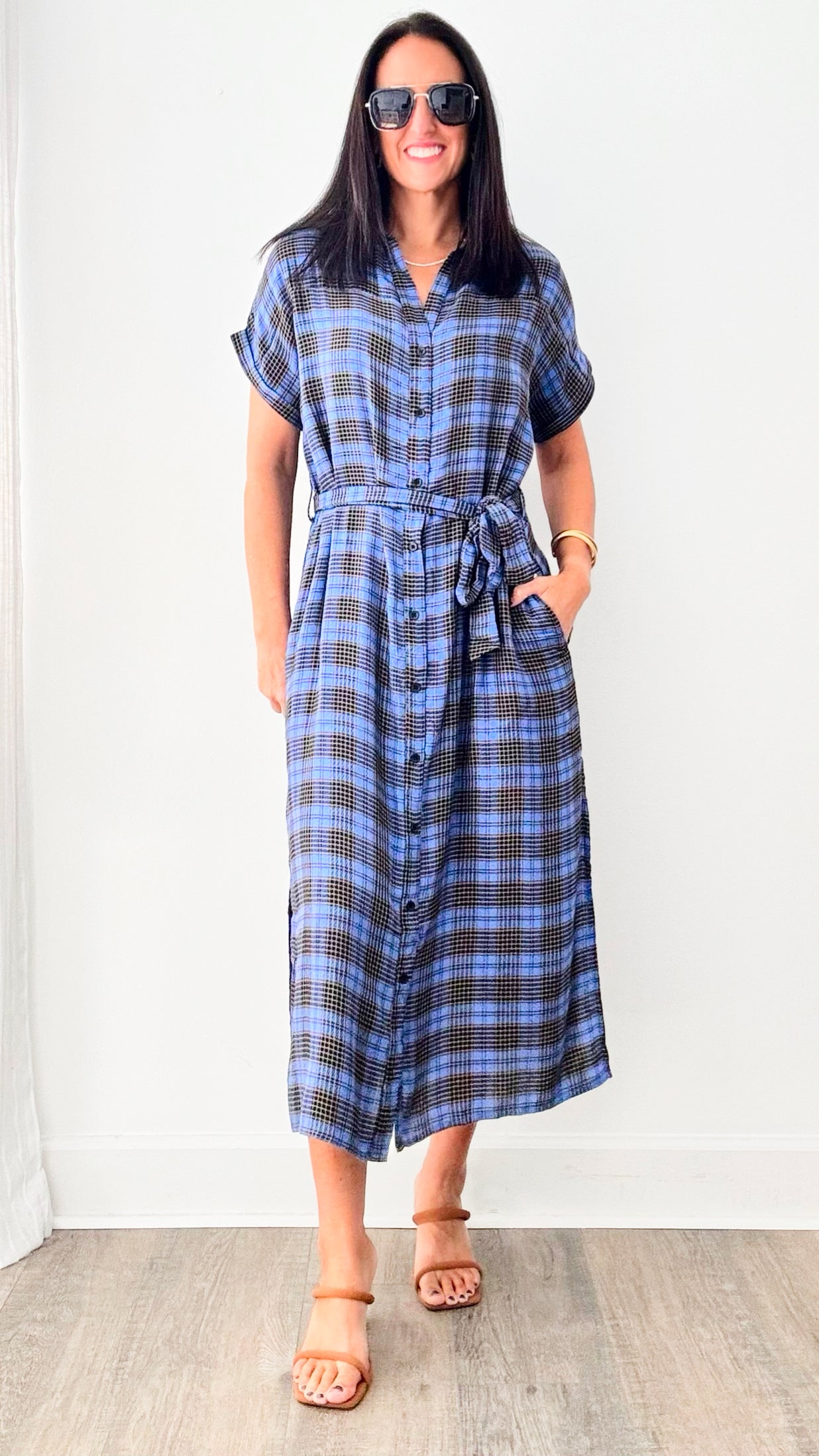 Indigo Plaid Button Down Dress-200 Dresses/Jumpsuits/Rompers-en creme-Coastal Bloom Boutique, find the trendiest versions of the popular styles and looks Located in Indialantic, FL