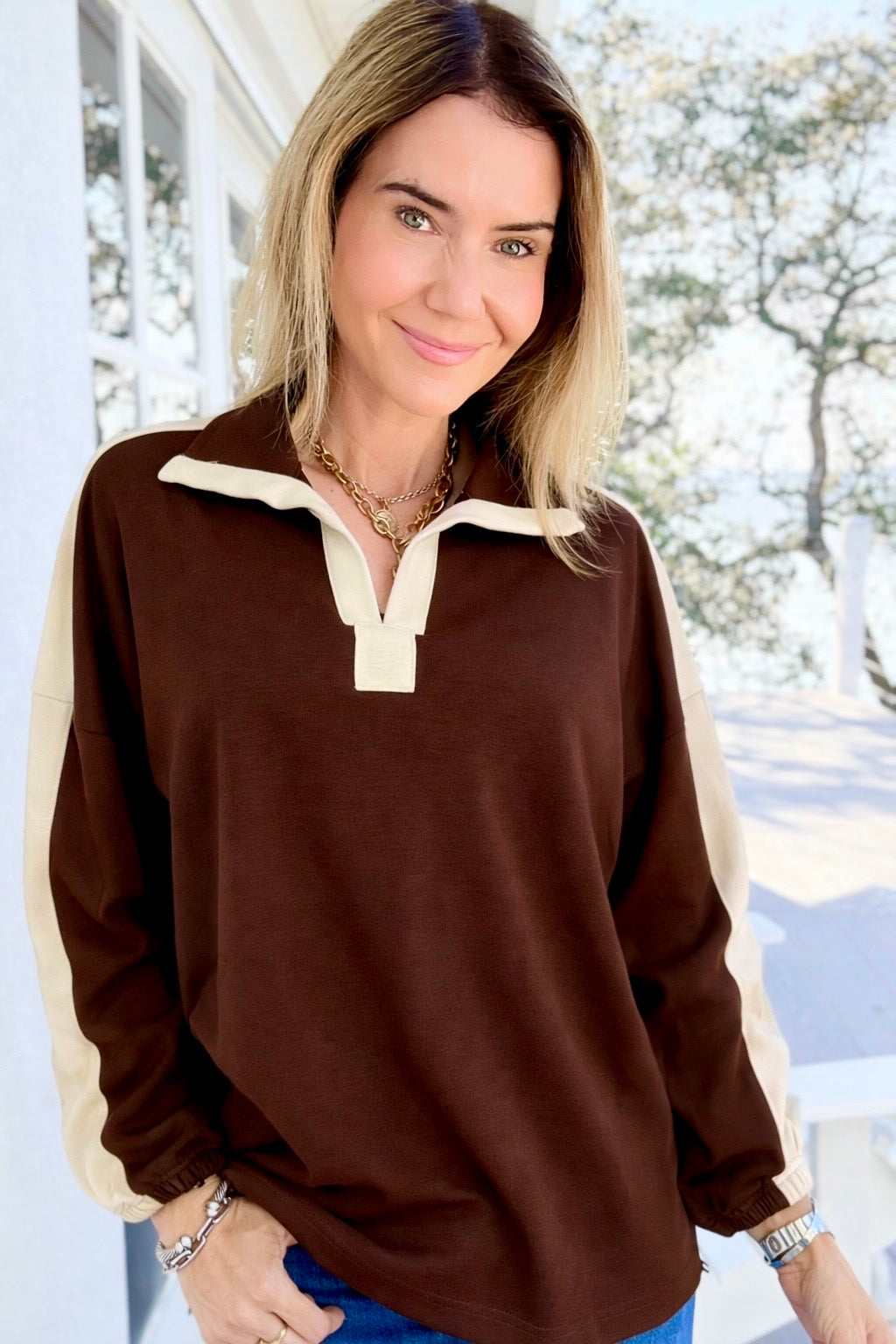 Contrast Lounge Quarter-Zip Top -Brown