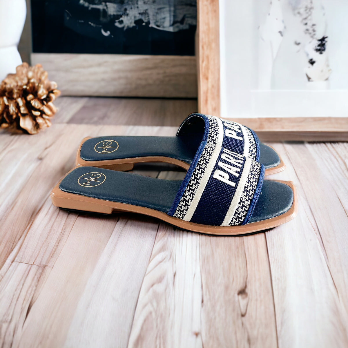 Embroidered Slip On Sandals - Navy Paris-250 Shoes-Maker's Shoes-Coastal Bloom Boutique, find the trendiest versions of the popular styles and looks Located in Indialantic, FL