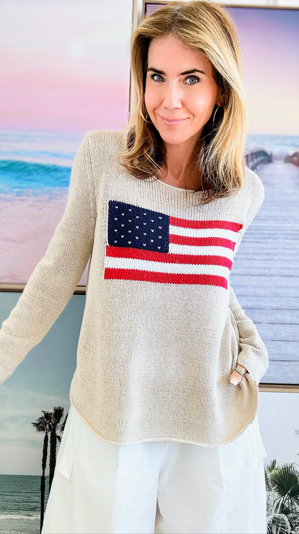Flag Soft Sweater - Khaki-140 Sweaters-Miracle-Coastal Bloom Boutique, find the trendiest versions of the popular styles and looks Located in Indialantic, FL