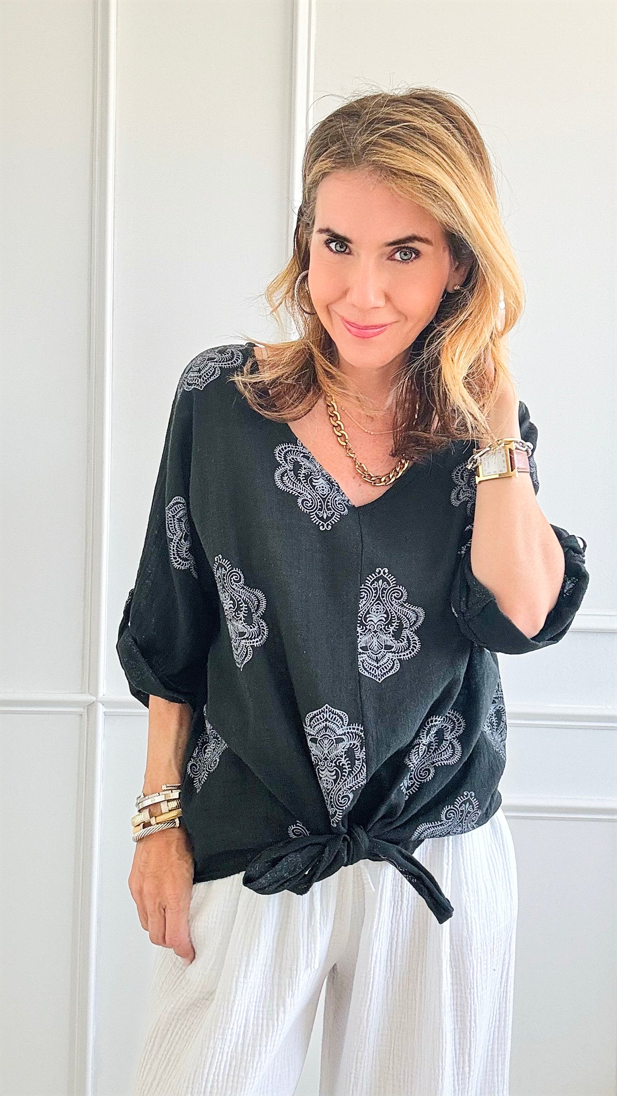 Moroccan Tile Linen Italian Top - Black-110 Short Sleeve Tops-Italianissimo-Coastal Bloom Boutique, find the trendiest versions of the popular styles and looks Located in Indialantic, FL
