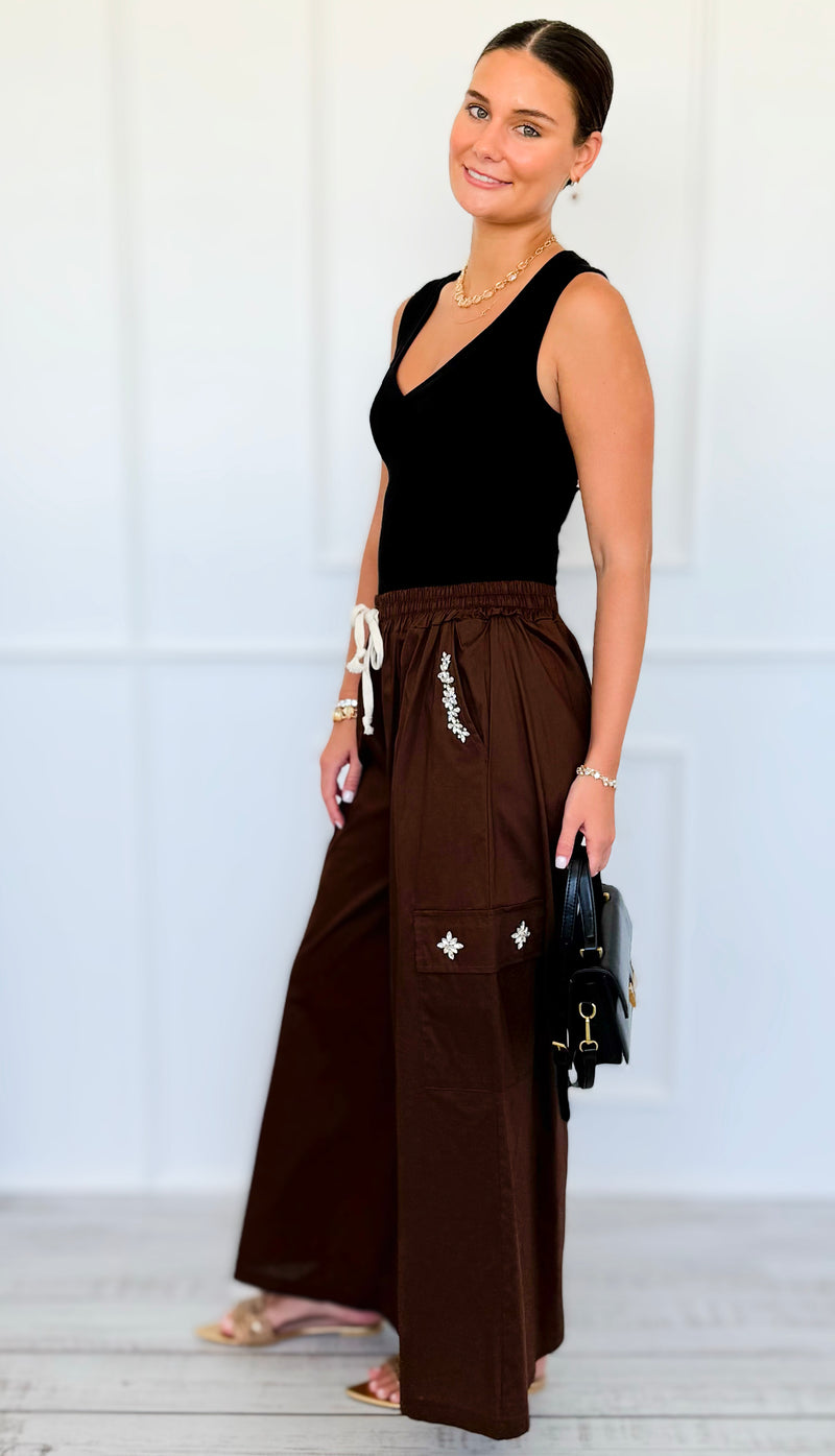 Pocket Glam Italian Flare Leg Pant- Brown-100 Pants-TATTOO Z-Coastal Bloom Boutique, find the trendiest versions of the popular styles and looks Located in Indialantic, FL